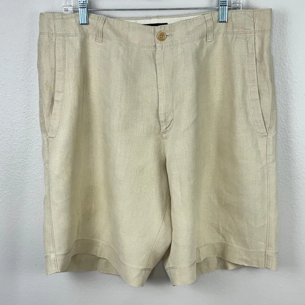 Banana Republic Linen Shorts Mens 36 Beige Casual Chino Golf Preppy Flat Front